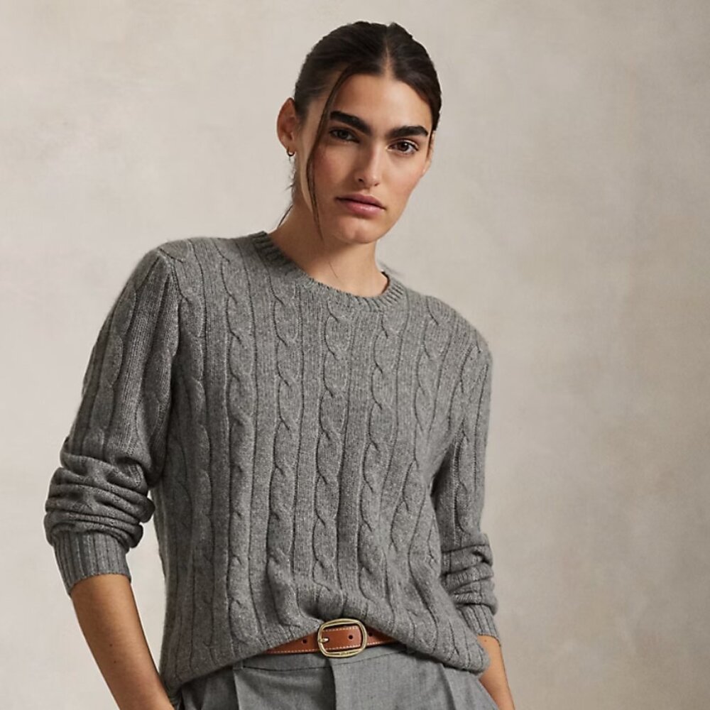 Cable-Knit Cashmere Sweater in Fawn Grey Heather, Size M